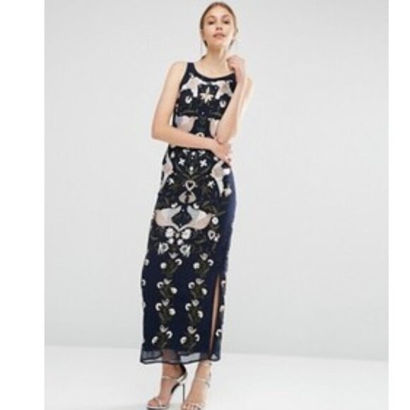 Frock & Frill Navy Pink Bird Floral Embroidered Beaded Maxi Dress - 45624 - Picture 2 of 13